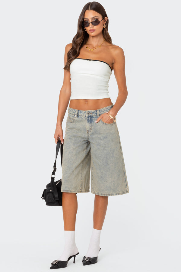Xtra Long Acid Wash Denim Bermuda Shorts view 1