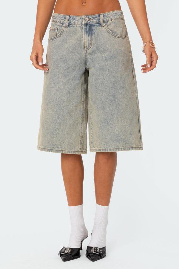 Xtra Long Acid Wash Denim Bermuda Shorts view 2