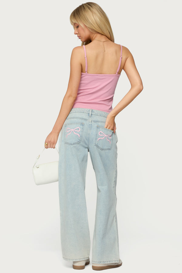Petite Bow Pocket Low Rise Baggy Jeans view 1
