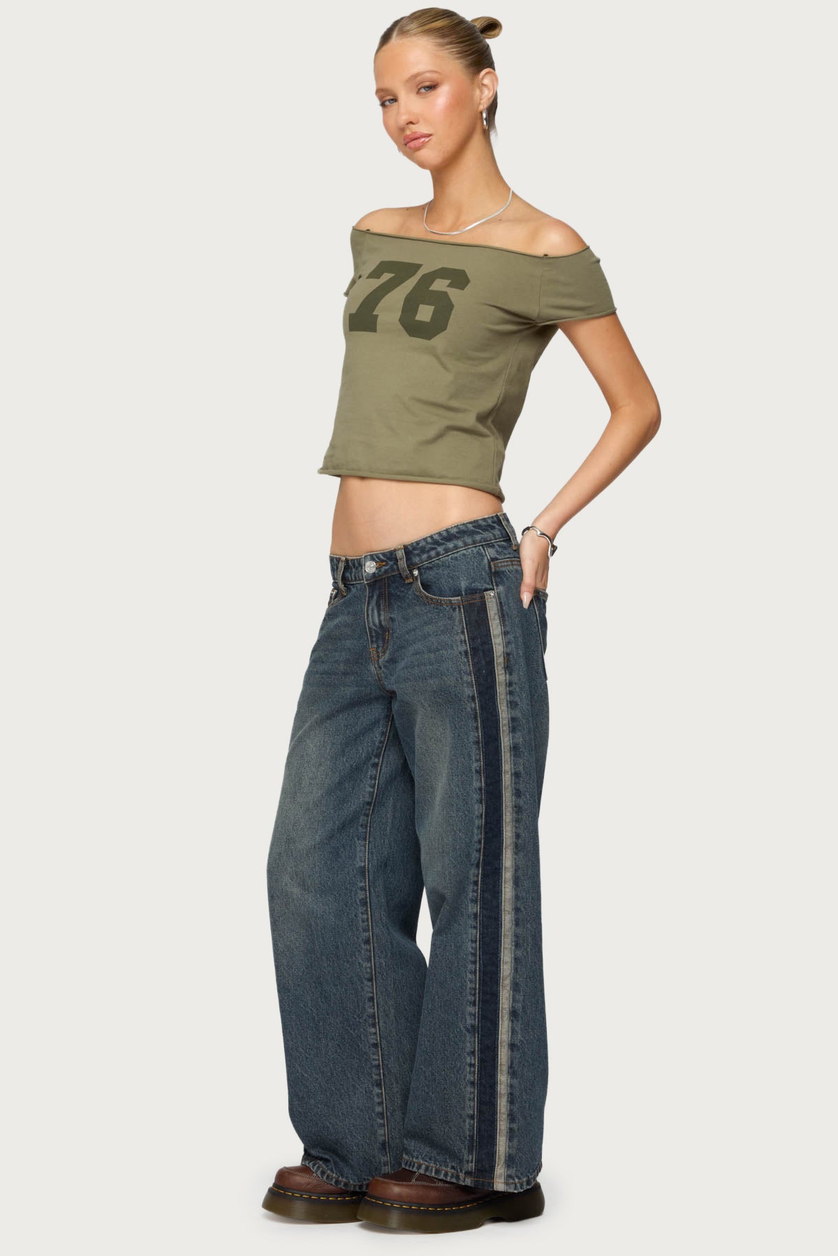 Petite Contrast Panel Low Rise Baggy Jeans