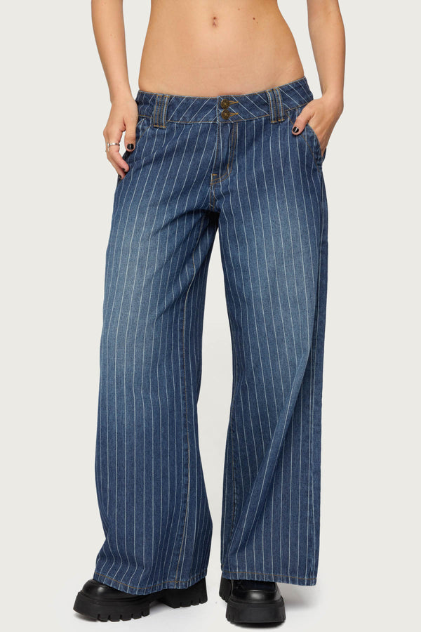 Petite Cory Striped Low Rise Baggy Jeans view 2