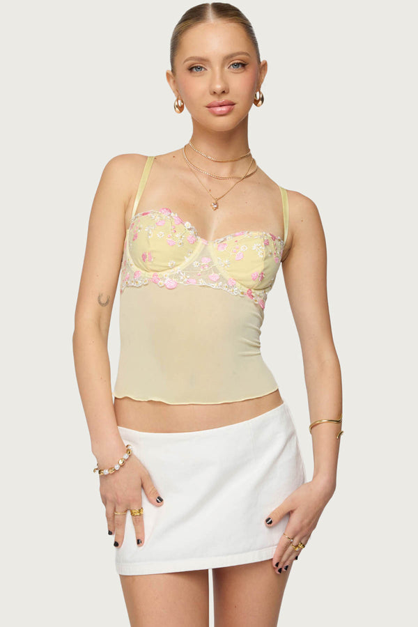 Embroidered Floral Sheer Bra Top view 1