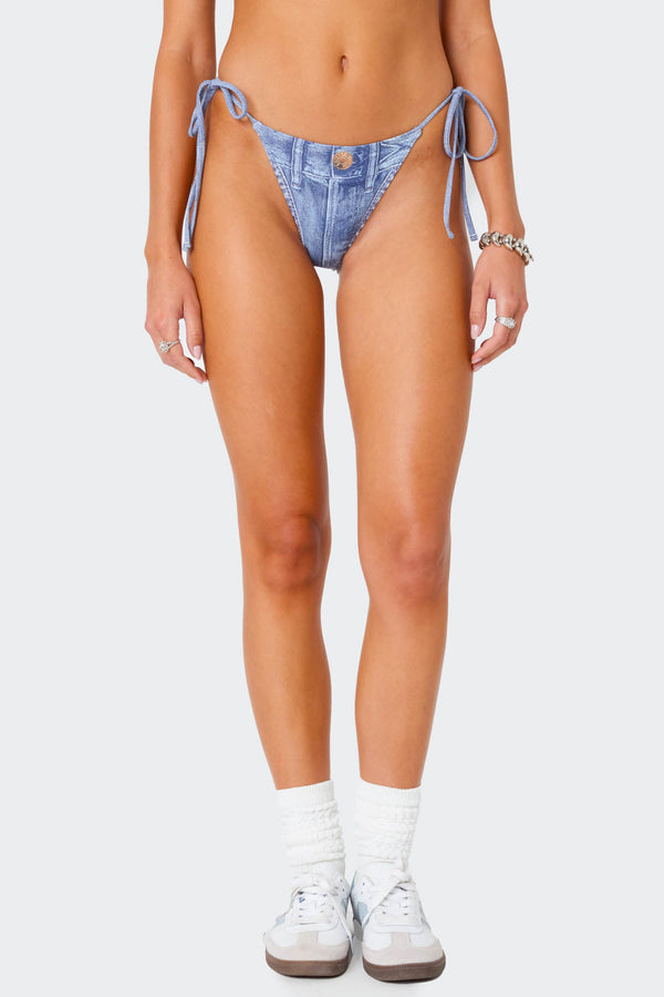 Denim Printed String Bikini Bottom view 2
