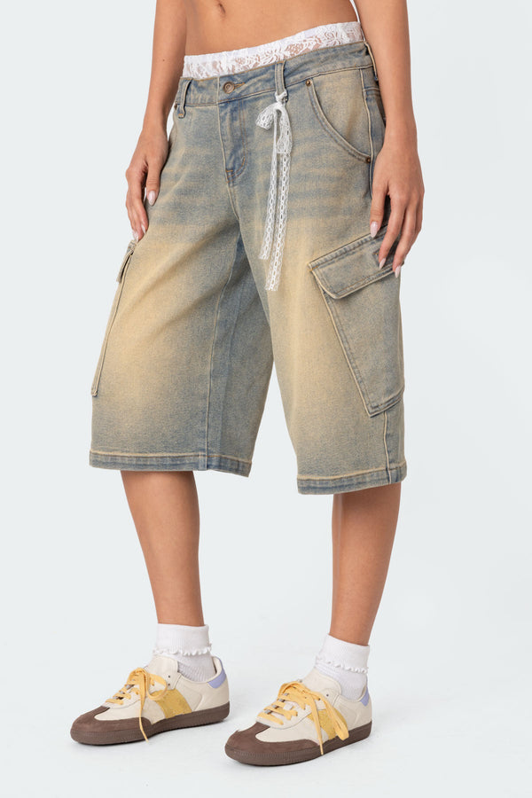 Lace Boxer Denim Bermuda Shorts view 2