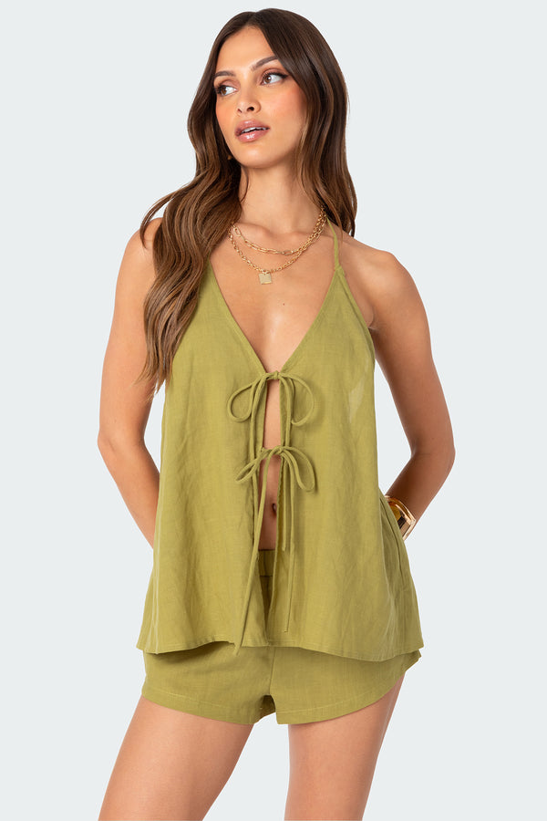 Arden Linen Look Tie Front Top view 1