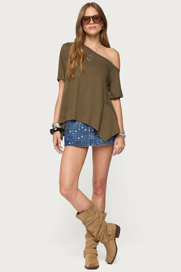 Studded Grommet Denim Mini Skort view 1