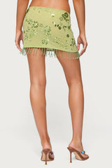 Sheer Sequin Bead Fringed Mini Skirt