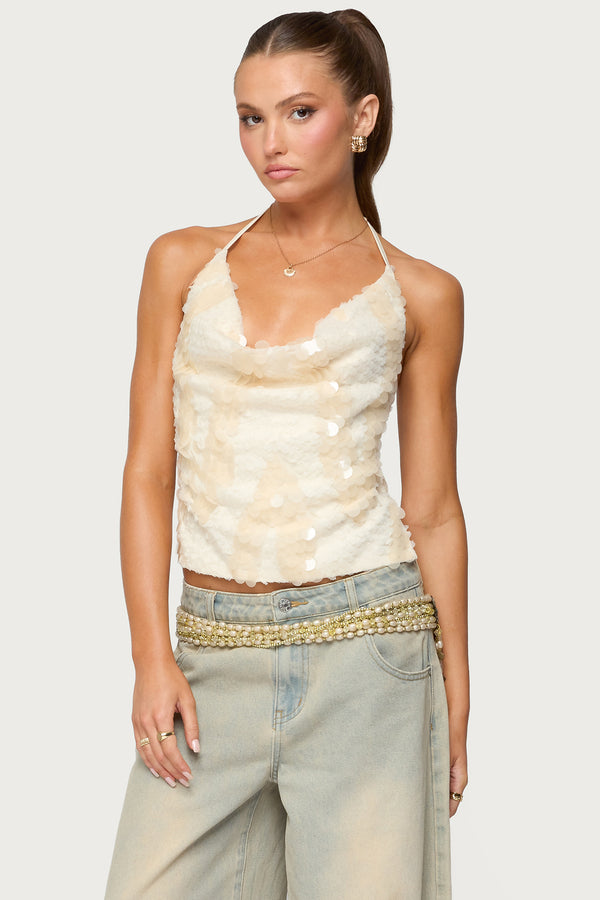 Reid Backless Sequin Cowl Neck Top view 1
