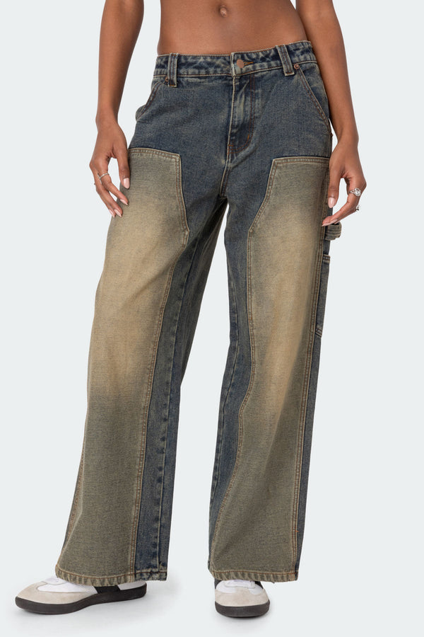 Contrast Panel Washed Mid Rise Baggy Jeans view 2