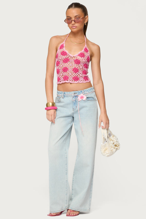 Contrast Floral Crochet Halter Top view 2