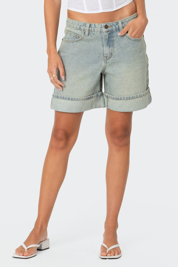 Cuffed Washed Denim Bermuda Shorts view 2