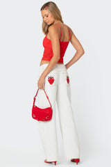 Strawberry Bow Pocket Low Rise Baggy Jeans