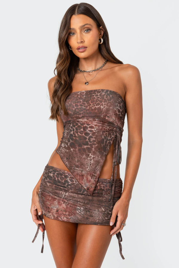 Leopard printed asymmetric mesh tube top view 1
