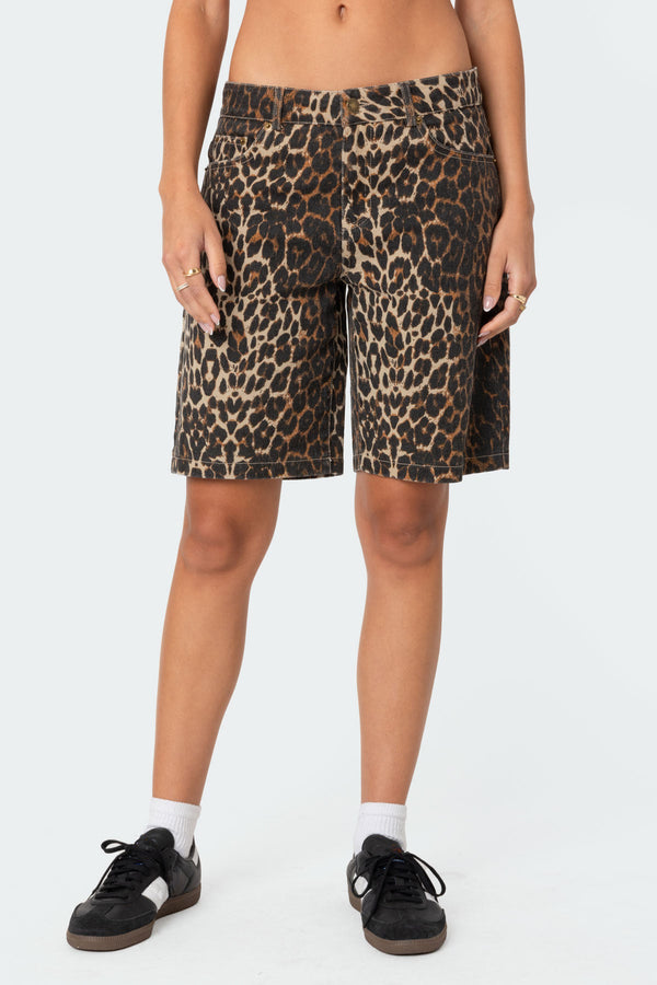Leopard Low Rise Denim Bermuda Shorts view 2