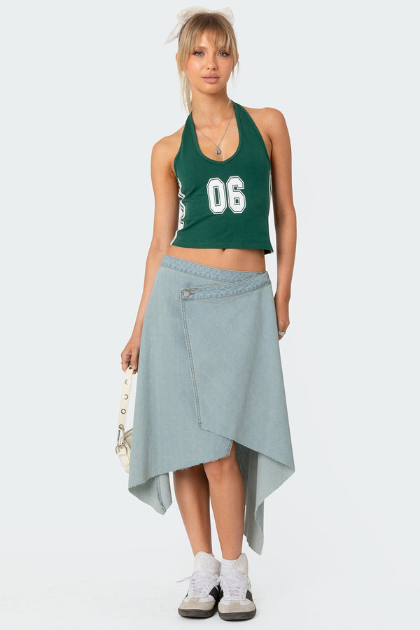 Asymmetric Wrapped Denim Midi Skirt view 1