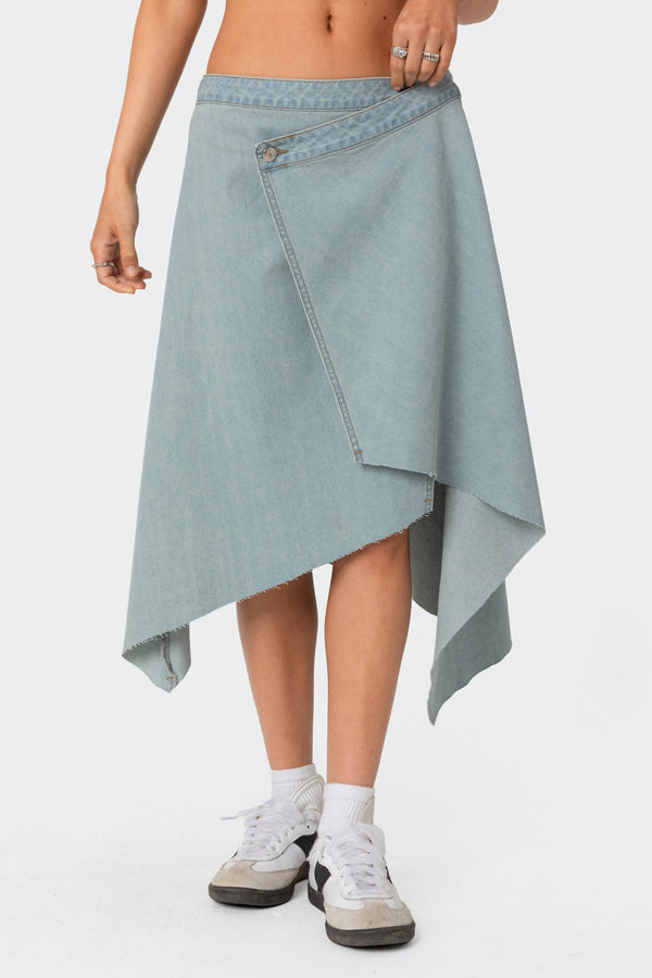 Asymmetric Wrapped Denim Midi Skirt view 2