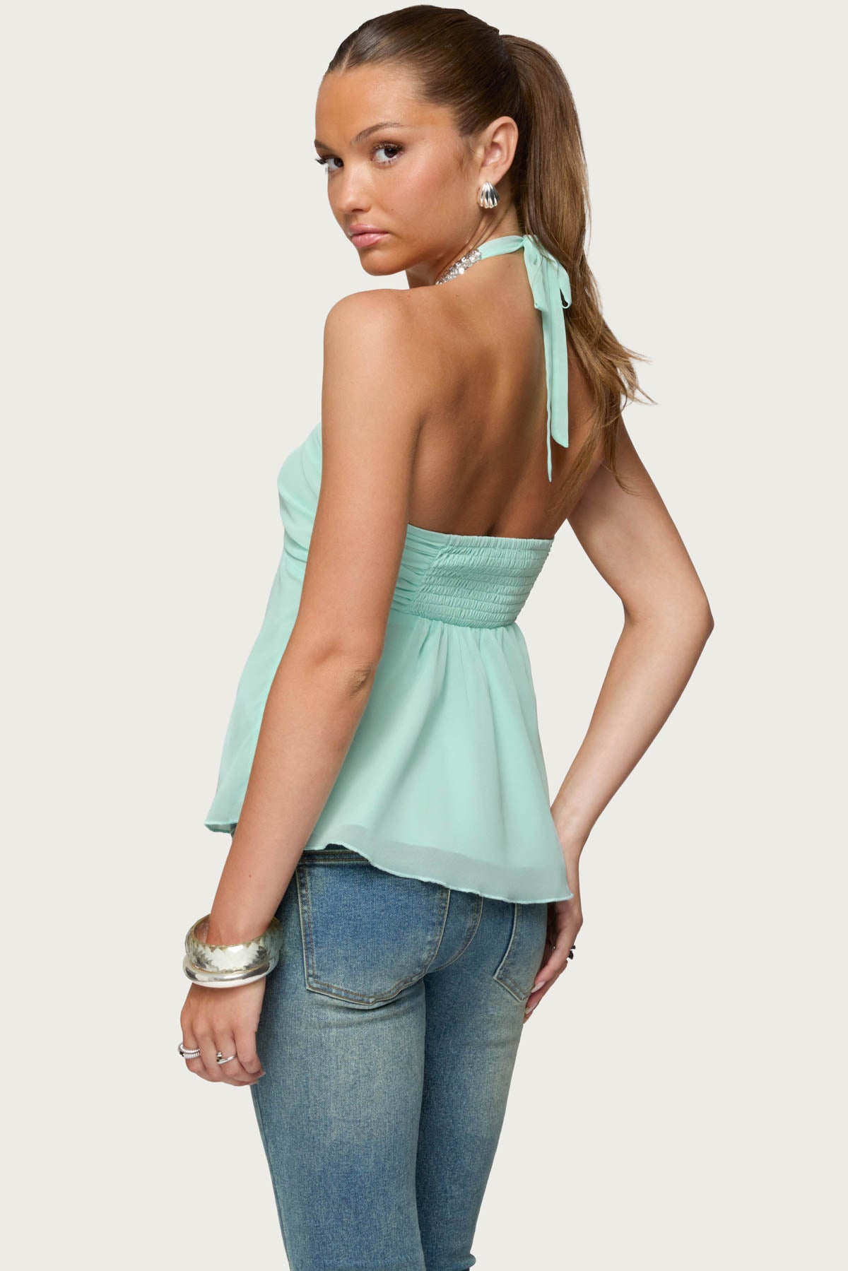 Sequin Chiffon Keyhole Halter Top