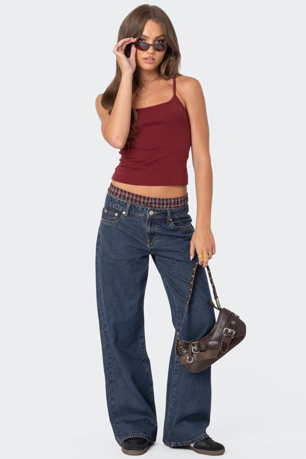 Plaid Boxer Detail Low Rise Baggy Jeans view 1