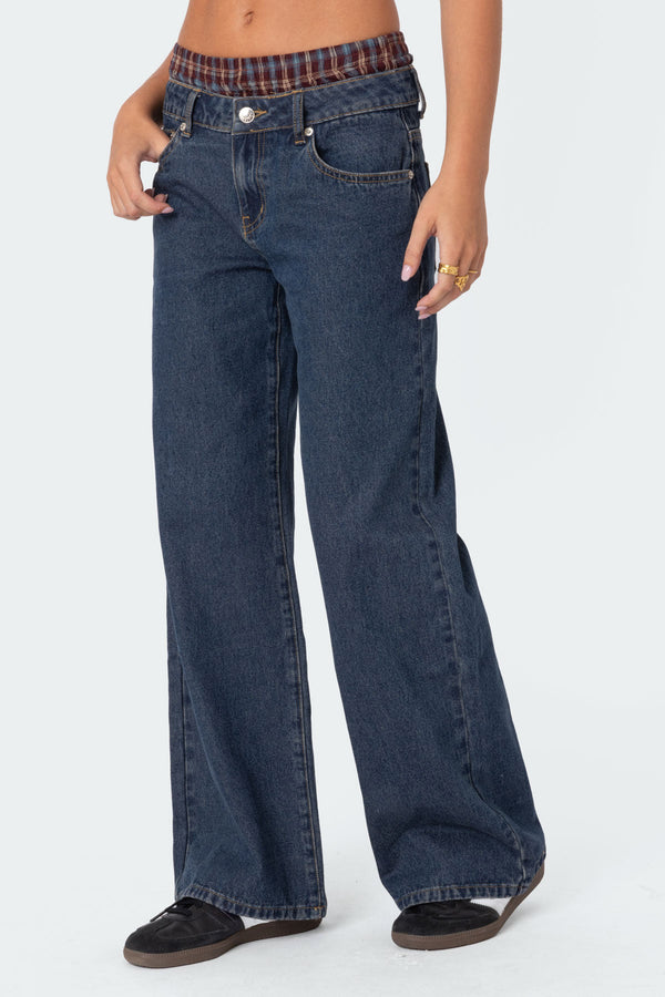 Plaid Boxer Detail Low Rise Baggy Jeans view 2