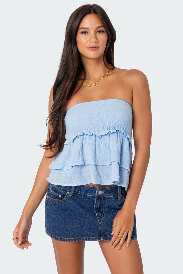 Linen Look Strapless Peplum Top view 1