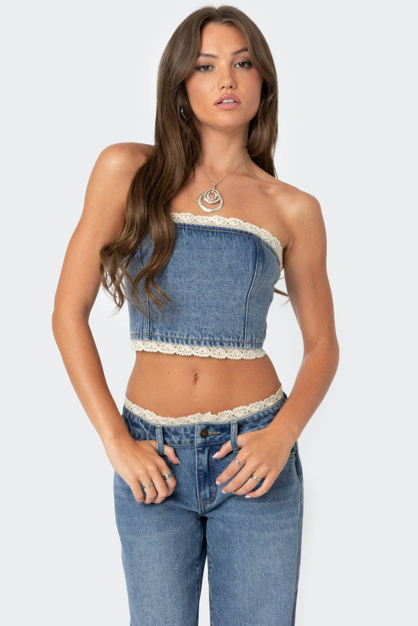 Karlie Lace Trim Denim Tube Top view 1