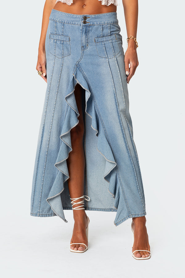 Valencia Ruffle Slitted Denim Maxi Skirt view 2