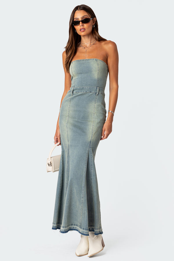 Astoria Slitted Denim Maxi Dress view 1