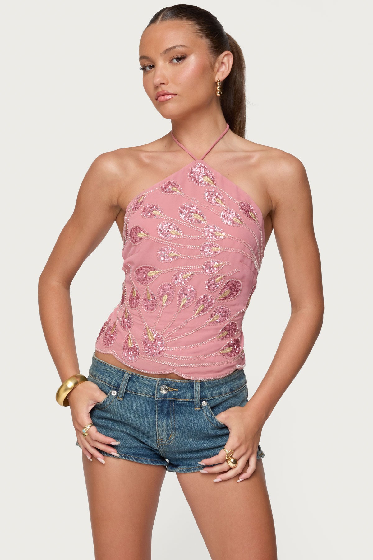 Embroidered Bead & Sequin Halter Top