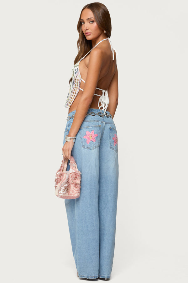 Mirra Embroidered Flower Low Rise Baggy Jeans view 1