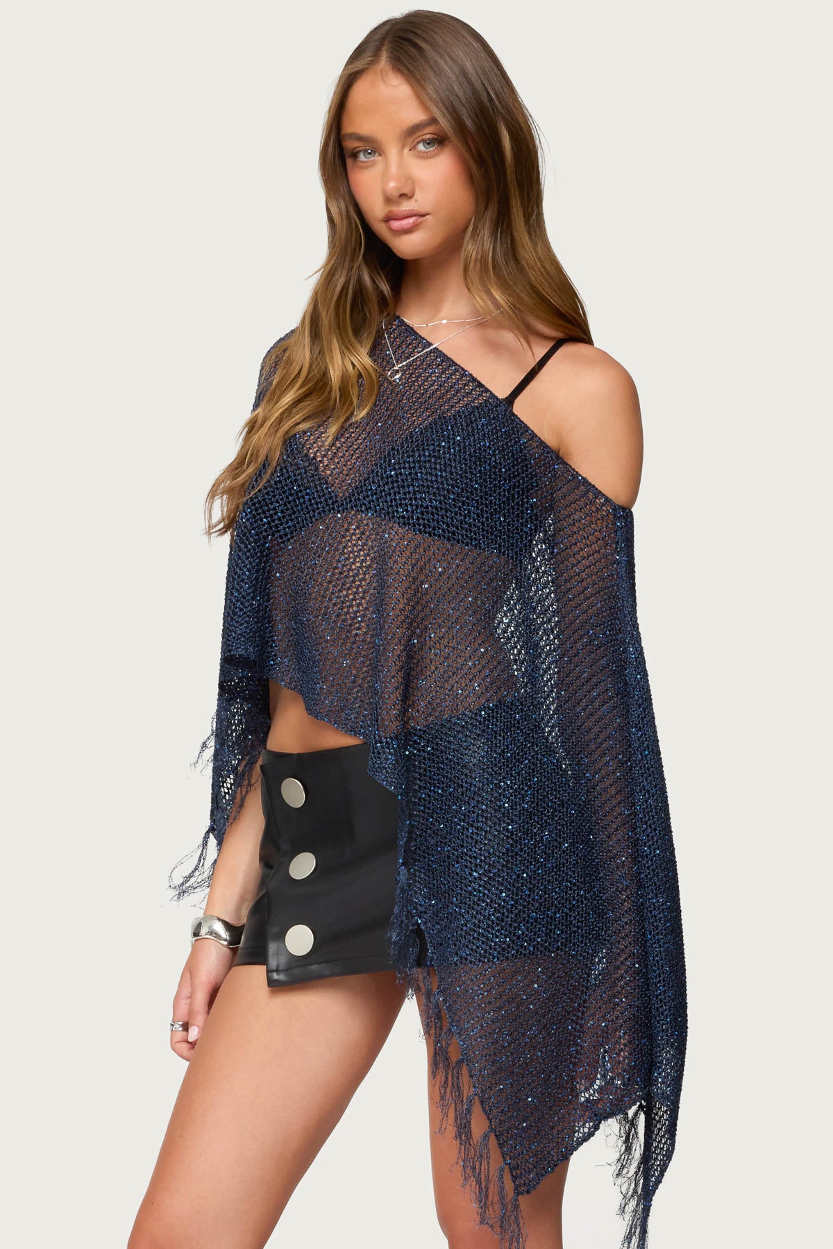 Sequin Fringe Knit Poncho