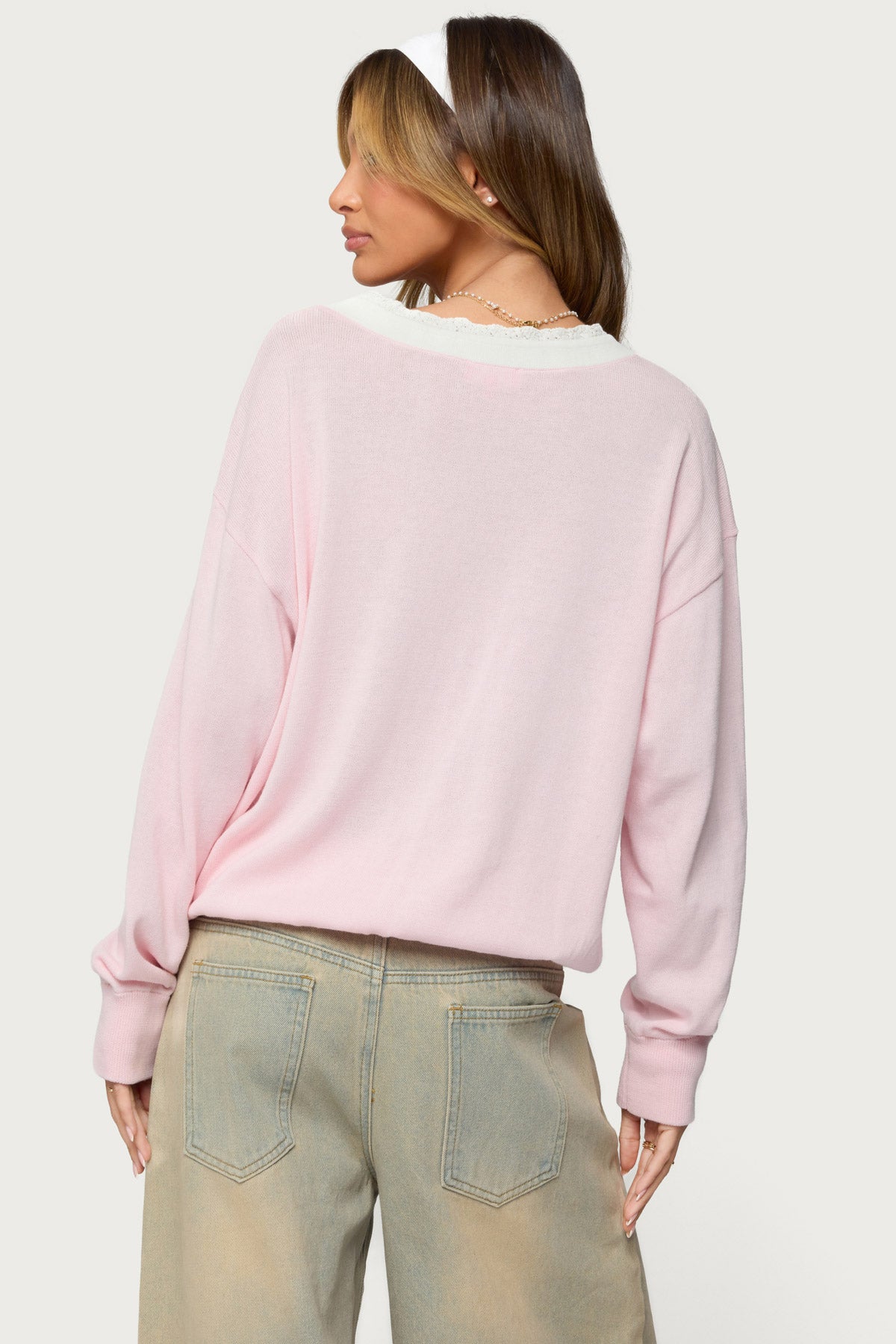 Marie Contrast Lacey V Neck Sweater
