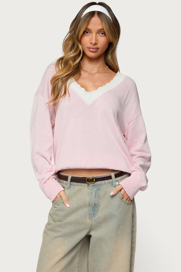 Marie Contrast Lacey V Neck Sweater view 1
