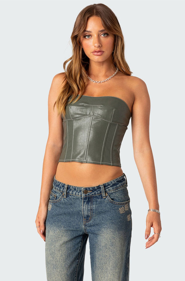 Moss Faux Leather Lace Up Corset view 1