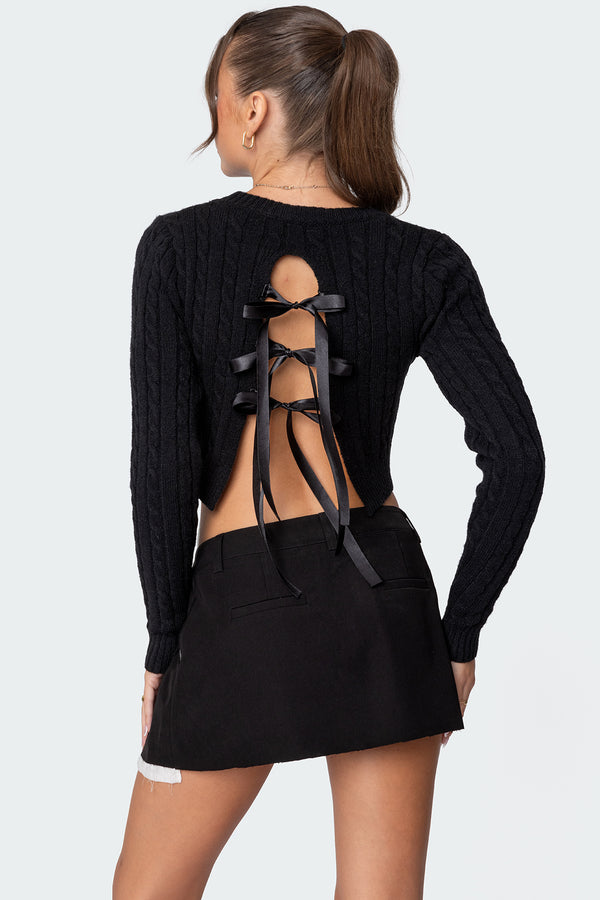 Bow Back Cropped Cable Knit Sweater view 1