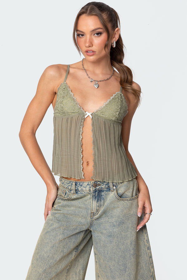 Pleated Lacey Split Front Tank Top view 1