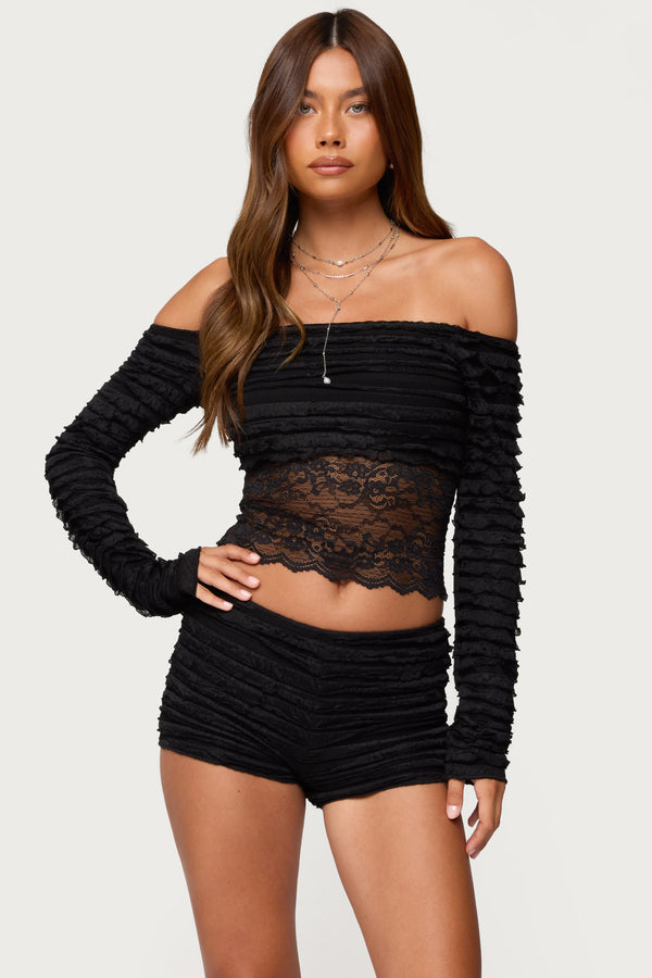 Tauri Lacey Ruffled Off Shoulder Top view 1