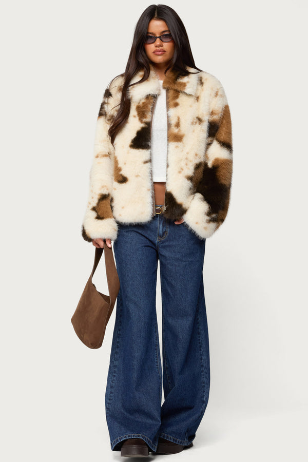 Rayan Cow Print Faux Fur Jacket view 2