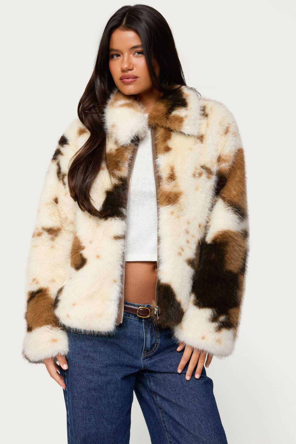 Rayan Cow Print Faux Fur Jacket