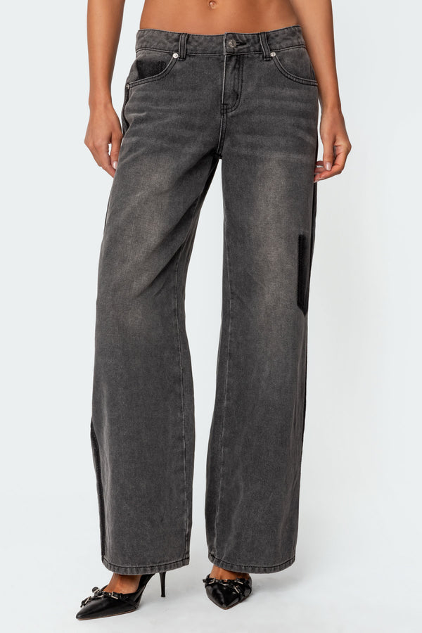 Contrast Pocket Washed Low Rise Baggy Jeans view 2