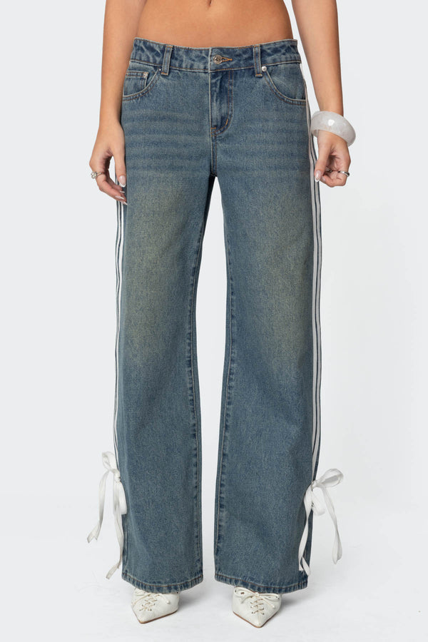 Ribbon Washed Low Rise Baggy Jeans view 2