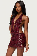 Dalis Fringed Sequin Split Front Top