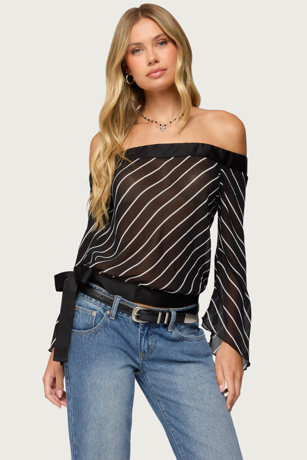 Diagonal Striped Off Shoulder Chiffon Top view 1