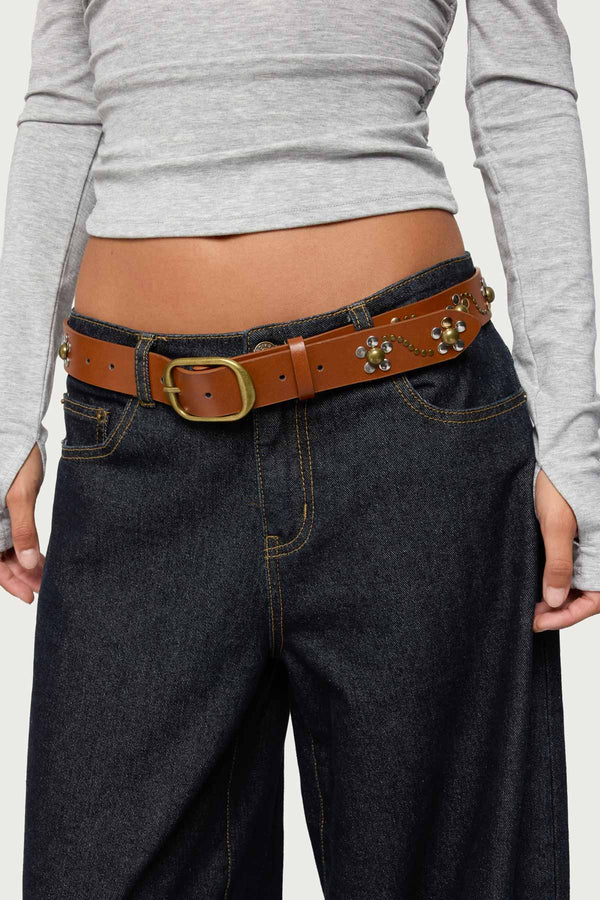 Flower Studded Faux Leather Belt view 1