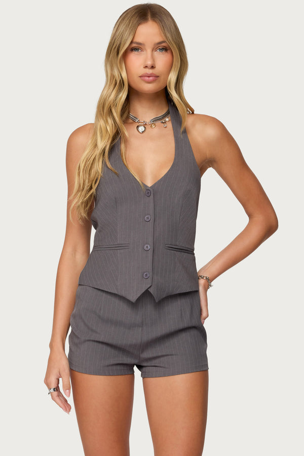 Riya Pinstripe Button Up Halter Top view 2
