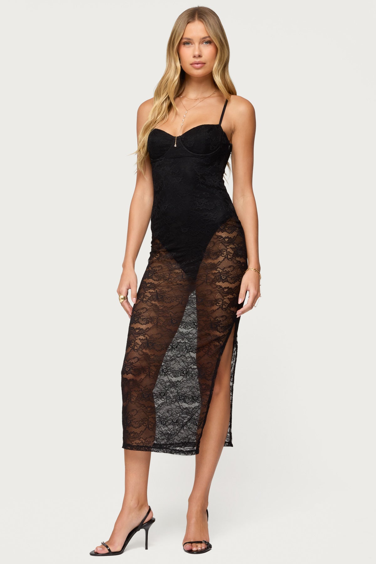 Sheer Lace Built In Bodysuit Midi Dress