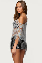 Evette Fringe Open Knit Metallic Poncho