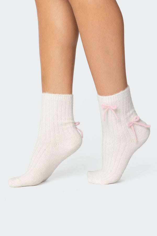 Knit Bow Fuzzy Socks view 1