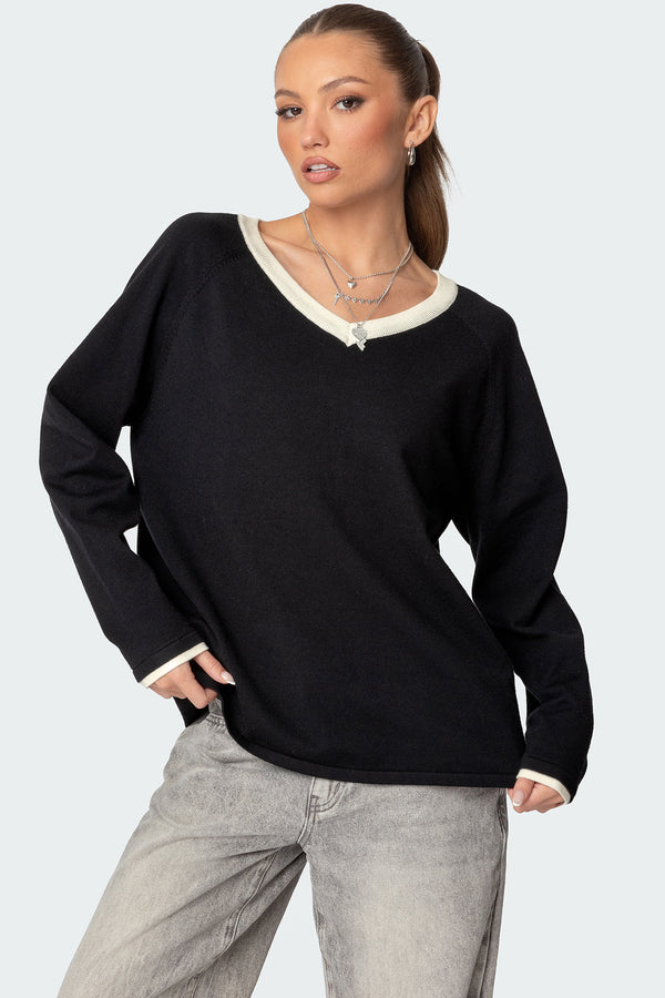 Contrast V Neck Knit Sweater view 1