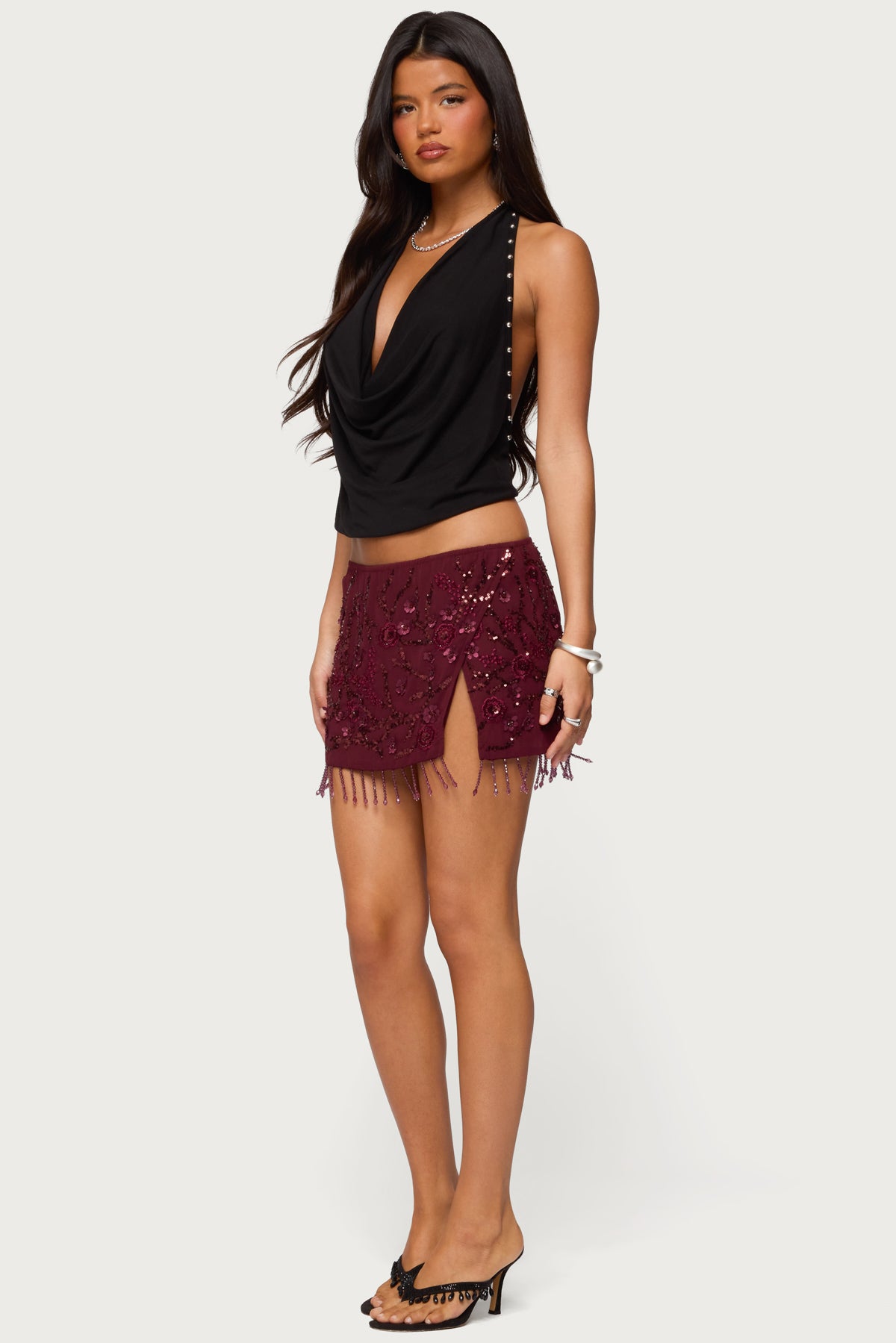 Chiffon Sequin Bead Fringed Mini Skirt