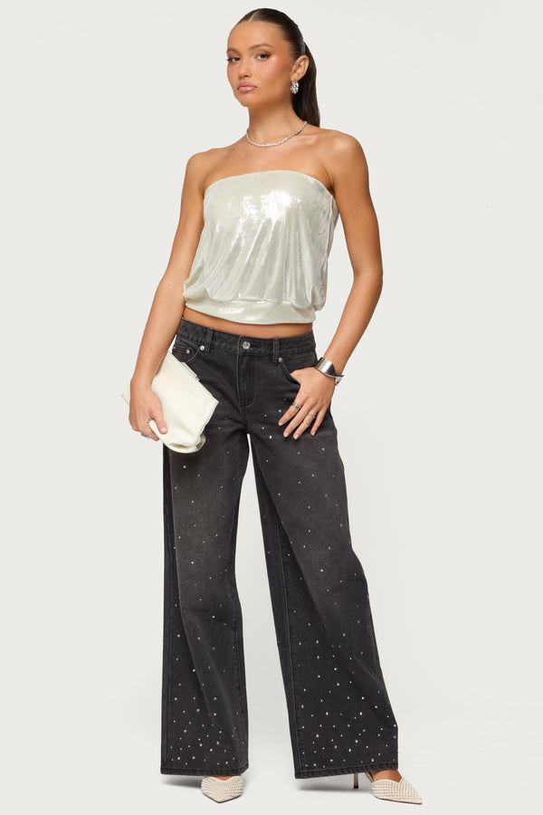 Rhinestone Washed Low Rise Baggy Jeans view 1